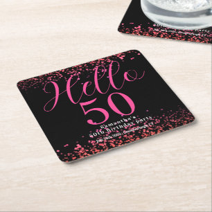 Porta-copo De Papel Quadrado Preto e Rosa Neon Falso Brilho Aniversário de 50 a