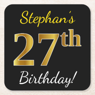 Porta-copo De Papel Quadrado Preto, Falso Dourado Aniversário de 27 anos + Nome