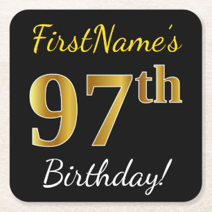 Porta-copo De Papel Quadrado Preto, Falso Dourado Aniversário de 97 anos + Nome