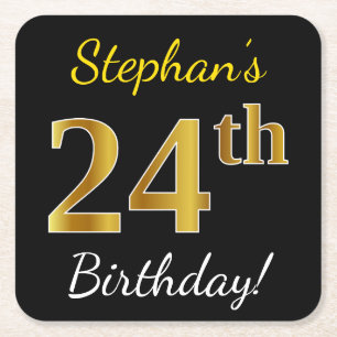 Porta-copo De Papel Quadrado Preto, Faux Dourado 24.º aniversário + nome person