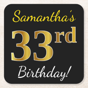 Porta-copo De Papel Quadrado Preto, Faux Dourado 33º Aniversário + Nome Persona