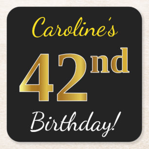 Porta-copo De Papel Quadrado Preto, Faux Dourado 42º Aniversário + Nome Persona