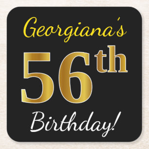 Porta-copo De Papel Quadrado Preto, Faux Dourado 56º aniversário + Nome persona