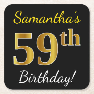 Porta-copo De Papel Quadrado Preto, Faux Dourado 59º Aniversário + Nome Persona