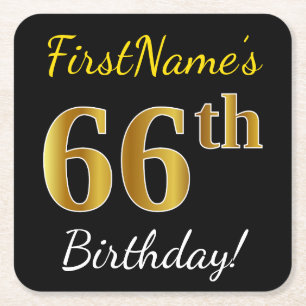 Porta-copo De Papel Quadrado Preto, Faux Dourado 66º aniversário + Nome Perso