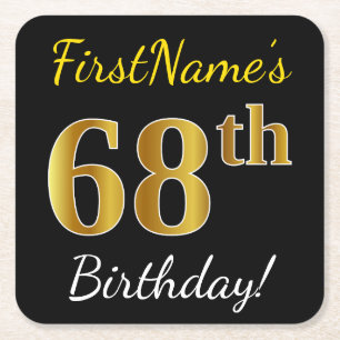 Porta-copo De Papel Quadrado Preto, Faux Dourado 68º aniversário + Nome persona