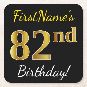 Porta-copo De Papel Quadrado Preto, Faux Dourado 82º Aniversário + Nome Persona