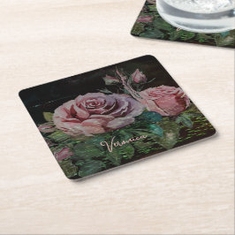 Porta-copo De Papel Quadrado Preto Floral Rosa