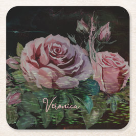 Porta-copo De Papel Quadrado Preto Floral Rosa