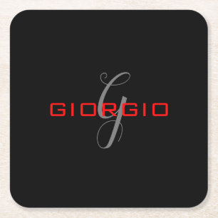 Porta-copo De Papel Quadrado Preto Vermelho Seu Nome Monograma Inicial Moderno