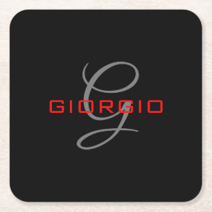 Porta-copo De Papel Quadrado Preto Vermelho Seu Nome Monograma Inicial Moderno