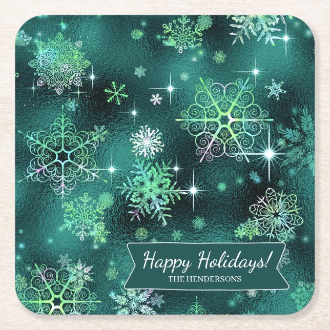 Porta-copo De Papel Quadrado Prettiest Snowflakes Green ID846 (Frente)