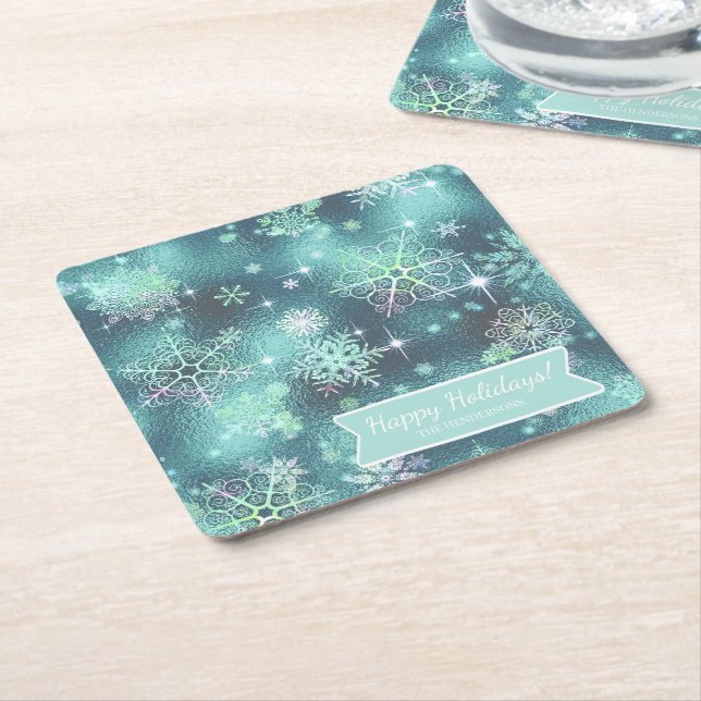 Porta-copo De Papel Quadrado Prettiest Snowflakes, Teal ID846 (Inclinado)