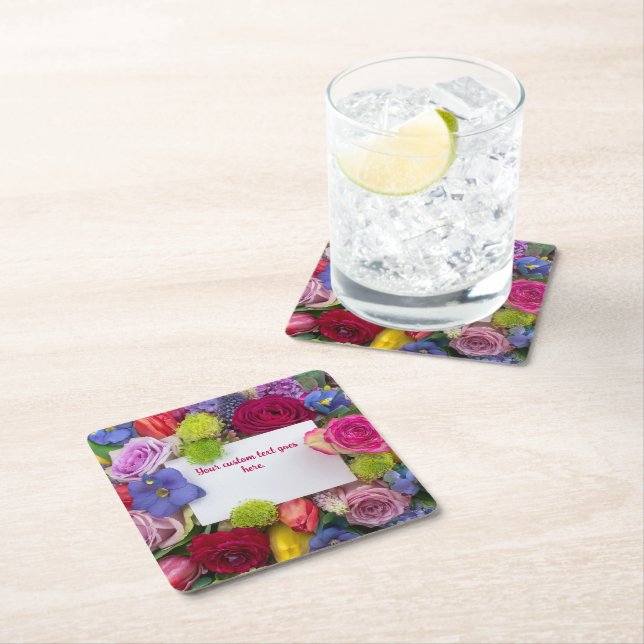 Porta-copo De Papel Quadrado Pretty Floral Framed Roses Text Box Custom (Insitu)