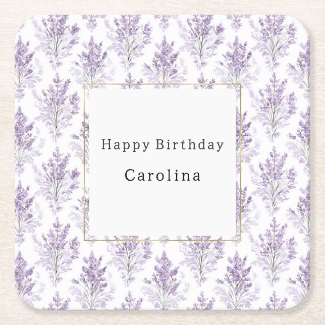 Porta-copo De Papel Quadrado Pretty Lavender Flowers Birthday (Frente)