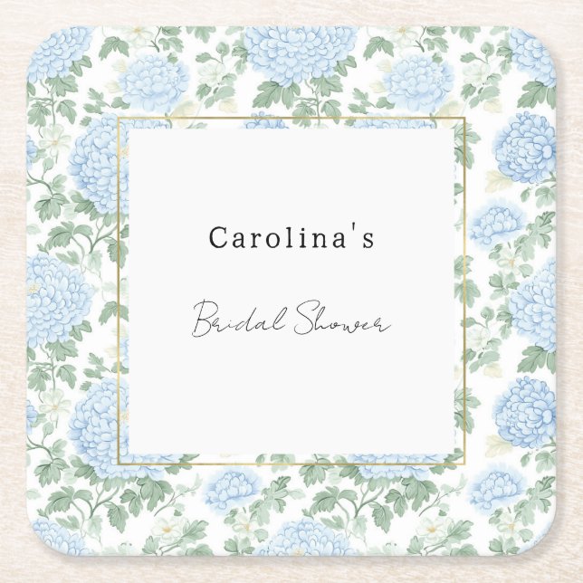 Porta-copo De Papel Quadrado Pretty Light Blue White Flowers Bridal Shower (Frente)