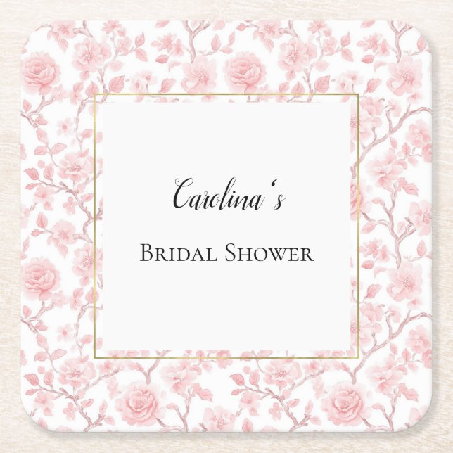 Porta-copo De Papel Quadrado Pretty Pink Roses Floral Bridal Shower   (Frente)