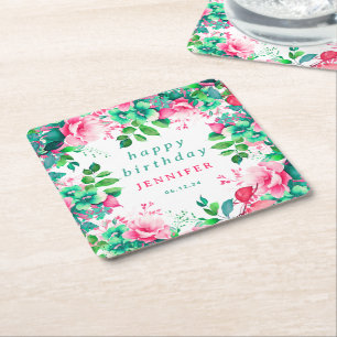 Porta-copo De Papel Quadrado Primavera Summer Watercolor Floral Happy Birday