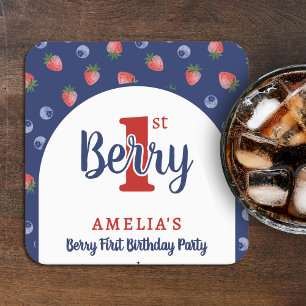 Porta-copo De Papel Quadrado Primeiro aniversario de Berry Strawberry Blueberry