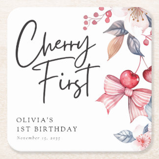 Porta-copo De Papel Quadrado Primeiro aniversario de coquete de Cherry First Pi