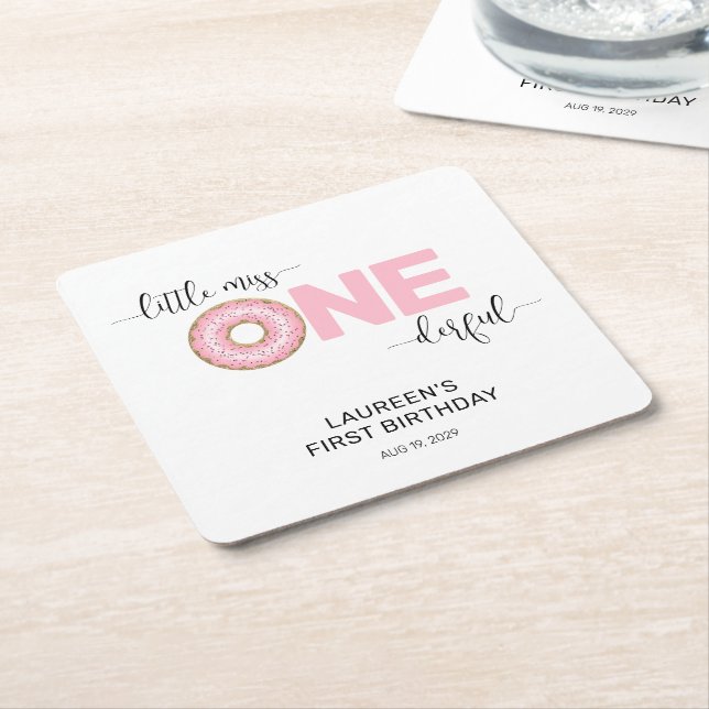 Porta-copo De Papel Quadrado Primeiro aniversario de MIs Pequeno e Rosa (Inclinado)