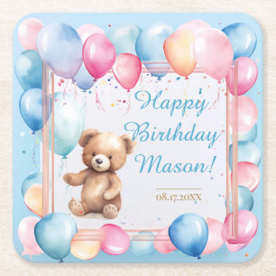 Porta-copo De Papel Quadrado Primeiro Aniversário do Urso Colorido do Balão