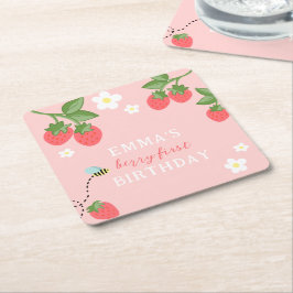 Porta-copo De Papel Quadrado Primeiro Aniversário Menina Morango Pink Berry