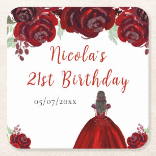 Porta-copo De Papel Quadrado Princesa de Cabelo Castanho Vermelho Floral Aniver