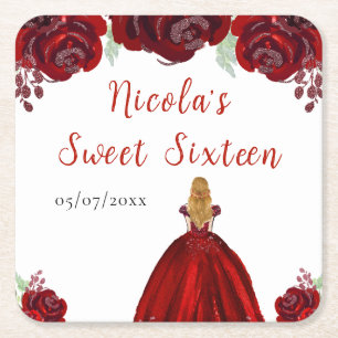 Porta-copo De Papel Quadrado Princesa de Cabelo Loiro Vermelho Floral Sweet Six