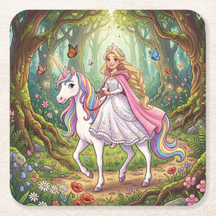 Porta-copo De Papel Quadrado Princesa de desenho animado montando no unicórnio