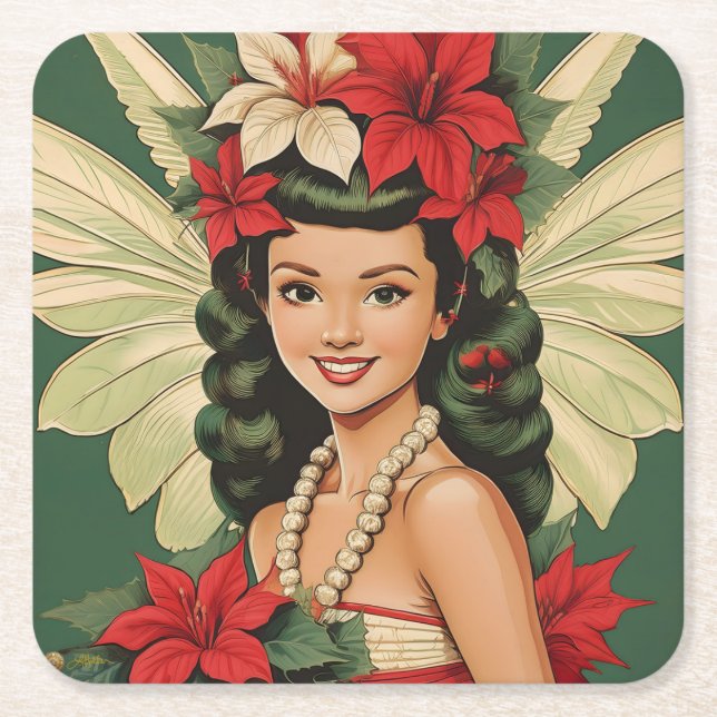 Porta-copo De Papel Quadrado Princesa de Natal Tropical de Retro (Frente)