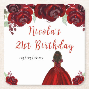 Porta-copo De Papel Quadrado Princesa de Pele Escura Floral Vermelho Aniversári