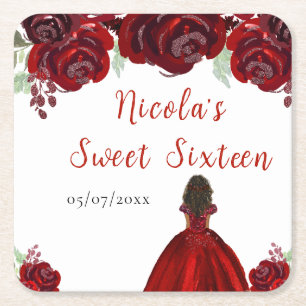 Porta-copo De Papel Quadrado Princesa de Pele Morena Vermelho Floral Sweet Sixt