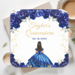 Porta-copo De Papel Quadrado Princesa Floral Azul Escura Quinceañera<br><div class="desc">Esta elegante e glamourosa porta copos de aniversário da Quinceañera apresenta uma bela princesa com cabelo escuro num vestido azul escuro. O texto combina o script manuscrito e as fontes sans serif modernas para um aspecto elegante e sofisticado. Os arranjos florais e o confete de ouro criam a mistura perfeita...</div>