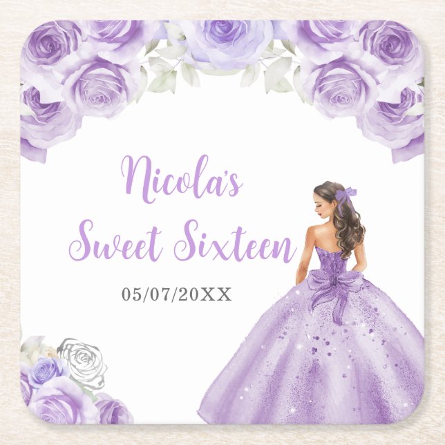 Porta-copo De Papel Quadrado Princesa Floral com Vestido Roxo Doce Dezesseis (Frente)