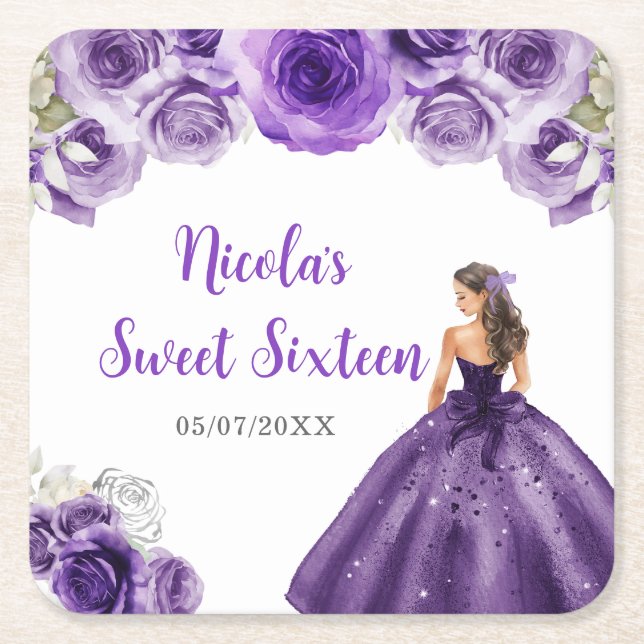 Porta-copo De Papel Quadrado Princesa Floral com Vestido Roxo Doce Dezesseis (Frente)
