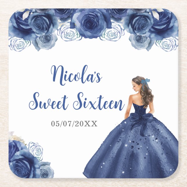 Porta-copo De Papel Quadrado Princesa Floral em Marinho Azul Vestido 16 (Frente)