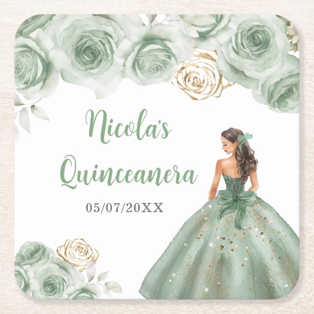 Porta-copo De Papel Quadrado Princesa Floral em Sage Green Dress Quinceanera (Frente)