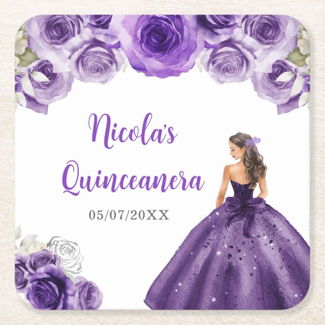 Porta-copo De Papel Quadrado Princesa Floral em Vestido Roxo Escuro Quinceanera (Frente)