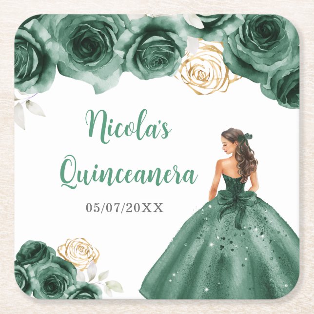 Porta-copo De Papel Quadrado Princesa Floral na Cintura Verde Escura Quinceaner (Frente)
