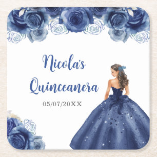 Porta-copo De Papel Quadrado Princesa Floral, Quinceanera Marinho Azul
