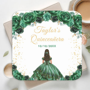 Porta-copo De Papel Quadrado Princesa Floral Verde Escuro Quinceañera