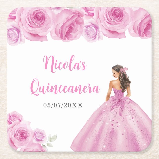 Porta-copo De Papel Quadrado Princesa Floral, Vestido de Rosa claro Quinceanera (Frente)