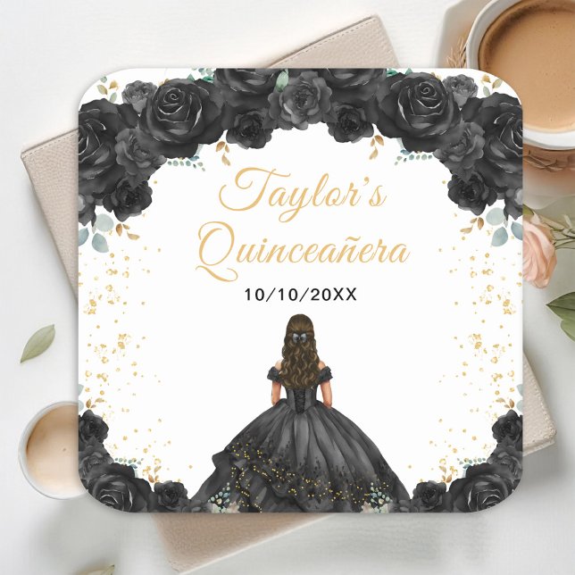 Porta-copo De Papel Quadrado Princesa Negra Floral Quinceañera (Criador carregado)