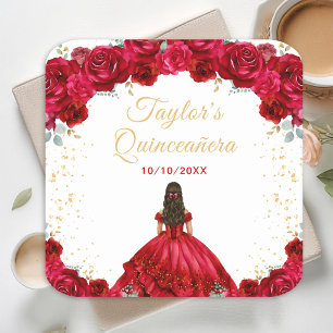 Porta-copo De Papel Quadrado Princesa Vermelha Floral Quinceañera
