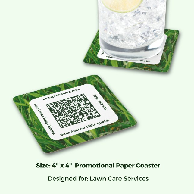 Porta-copo De Papel Quadrado Promocional Lawn Care Service Green (Promotional Lawn Care Service Green Square Paper Coaster; Size: 4 x 4 Inch)