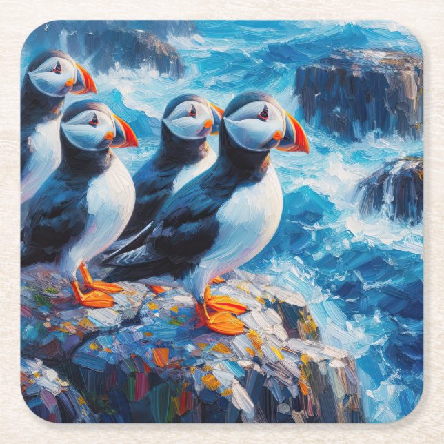 Porta-copo De Papel Quadrado Puffins (Frente)