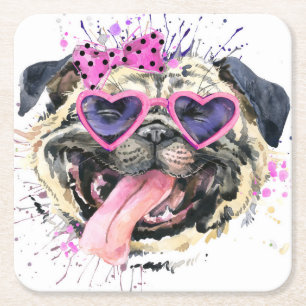 Porta-copo De Papel Quadrado Pug cor-de-rosa bonito da aguarela