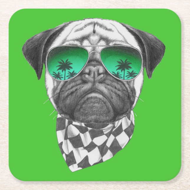 Porta-copo De Papel Quadrado Pug de Miami (Frente)