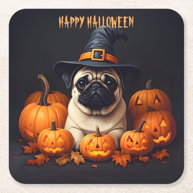 Porta-copo De Papel Quadrado Pug Halloween (Frente)